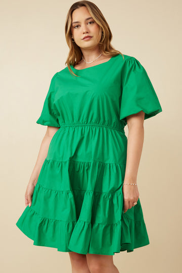 HY7309 Green Womens Bow Back Puff Sleeve Poplin Dress Front